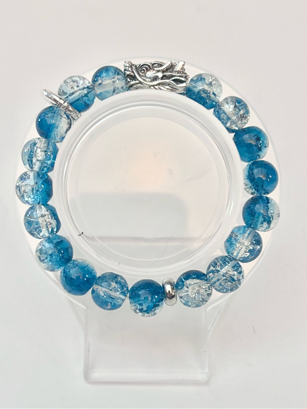 Blue Crackle Glass Beaded Bracelet - Silver-tone dragon charm